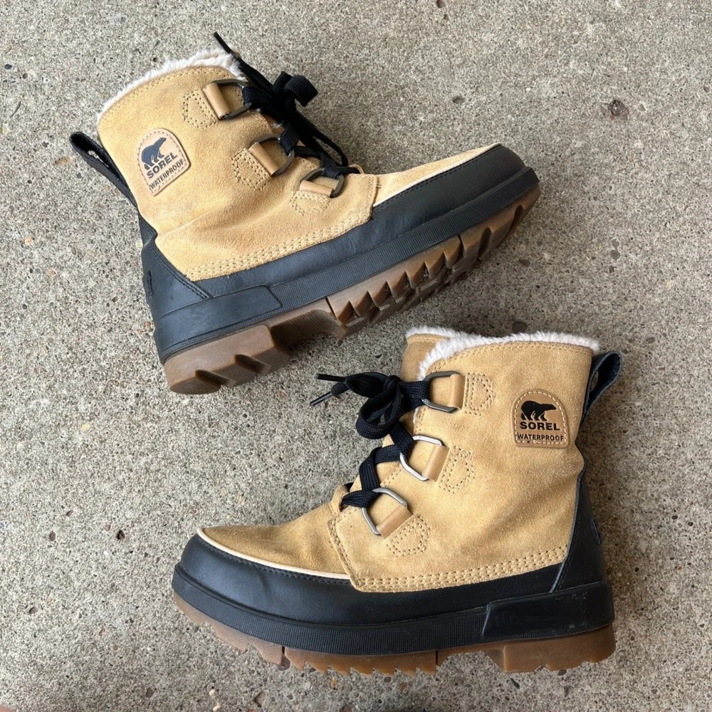 Sorel Lennox Lace Waterproof Tan Suede Faux Fur Lined Winter Boot NL3425-373 8.5